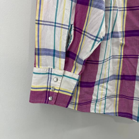 VTG Panhandle Slim Pearl Snap Western Shirt Mens 17.5 x 36 Purple White Plaid LS - Picture 8 of 8